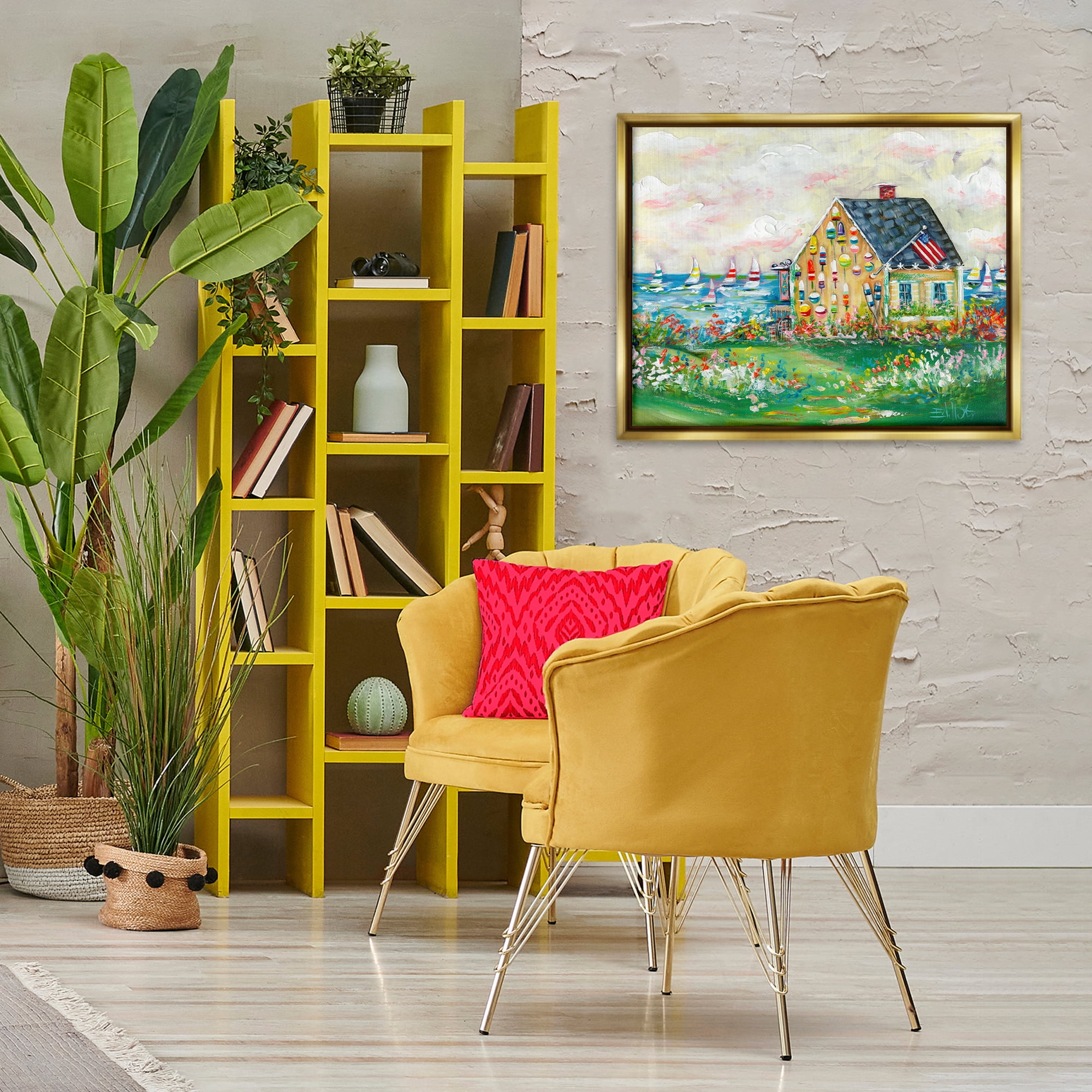 Stupell Industries Buoy Covered Boat House Landscape & Nature Painting Gold Floater Framed Canvas Art Print Wall Art, 31 x 25