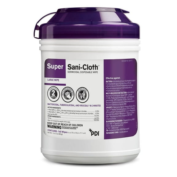 PDI Super Sani-Cloth Germicidal Disposable Wipes - Ideal for High-Touch Nonporous Surfaces Bed Railings, Glucometers, Chairs, Stethoscopes & Toilet Seats- 160 Large Wipes - (6” x 6.75”) - Pack of 3