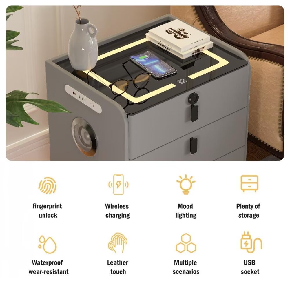 KPIBEST Modern bedroom smart bedside table, fingerprint unlocking wireless charging multifunctional storage cabinet