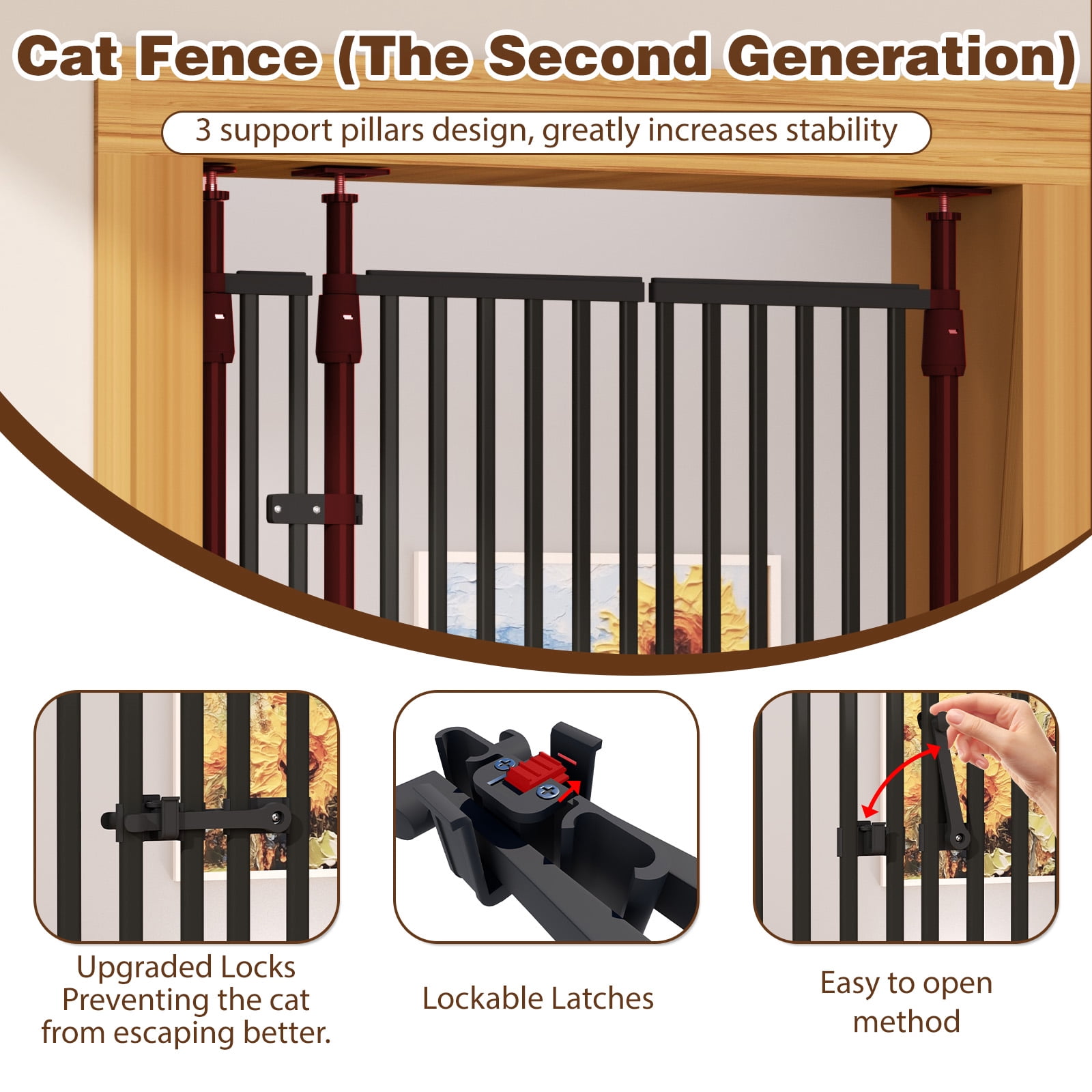 YUFU 74.8" Extra Tall Pet Gate for Cats, adjustable height adjustable width 30.3"-38.2" Pressure Mounted, No Drill, Walk-Through Door for Stairs/Doorways,(black)