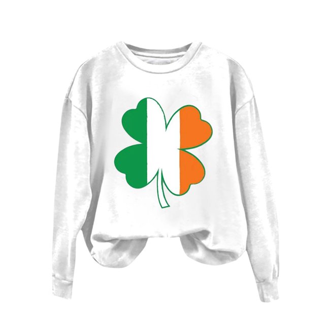 Nouveau & Tendance! FUNUONY T-Shirt de la Saint-Patrick pour Femmes, Col Rond, Imprimé Floral Décontracté, Manches Longues, Blanc TG