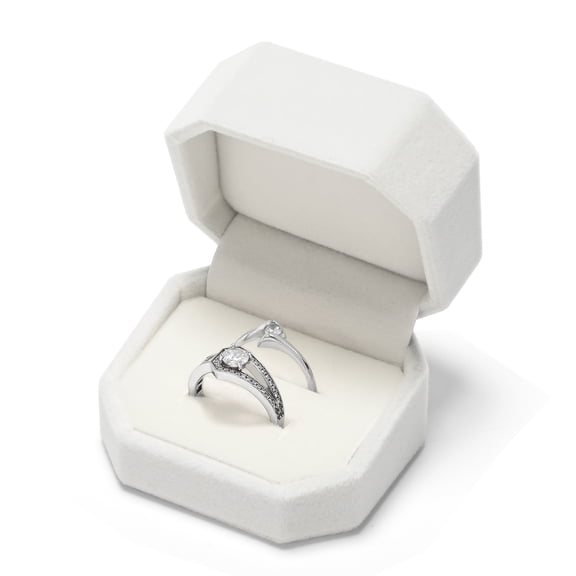 Oirlv Velvet Double Ring Box for Proposal Wedding Ring Bearer Box Octagon (White)