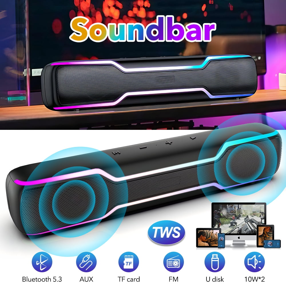 Bluetooth Speaker Soundbar, 20W PC RGB Gaming Soundbar with 3.5mm Jack Aux-in Computer Speakers, TWS Sound Bar for Desktop Laptop