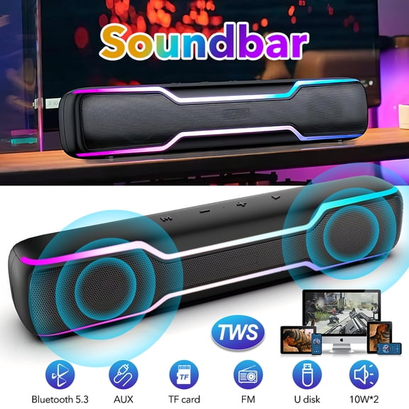 Seneo 20W Bluetooth Speaker PC RGB Gaming Soundbar 3.5mm Aux-in Computer Speakers for Desktop Monitor Computer TWS Sound Bar, Black