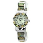 Ladies Petite Clubbing Silver Tone Abalone CZ Cuff Watch 28mm 8mm thick case. 14mm Wide silver hinged metal Abalone shell Cuff fits 7 inches wrists.