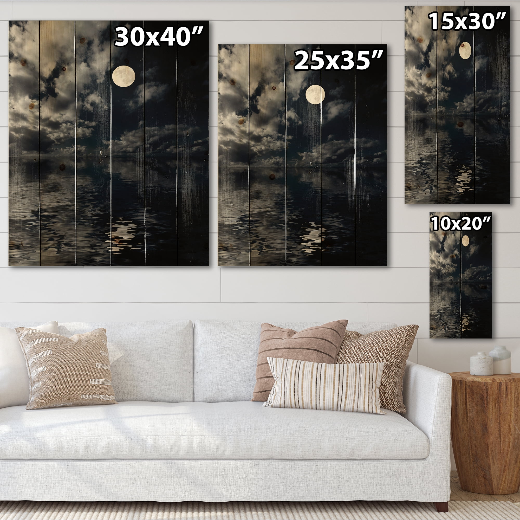 Designart 'Full Moon Night in Cloudy Sky IV' Nautical & Coastal Print on Natural Pine Wood