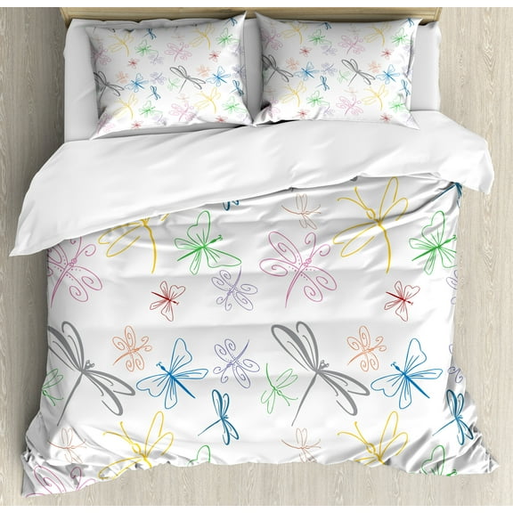 Dragonfly Duvet Cover Set, Hand Drawn Flying Bugs in Doodle Style Colorful Nature Animal Abstract Print, Decorative 3 Piece Bedding Set with 2 Pillow Shams, Queen Size, Multicolor, by Ambesonne
