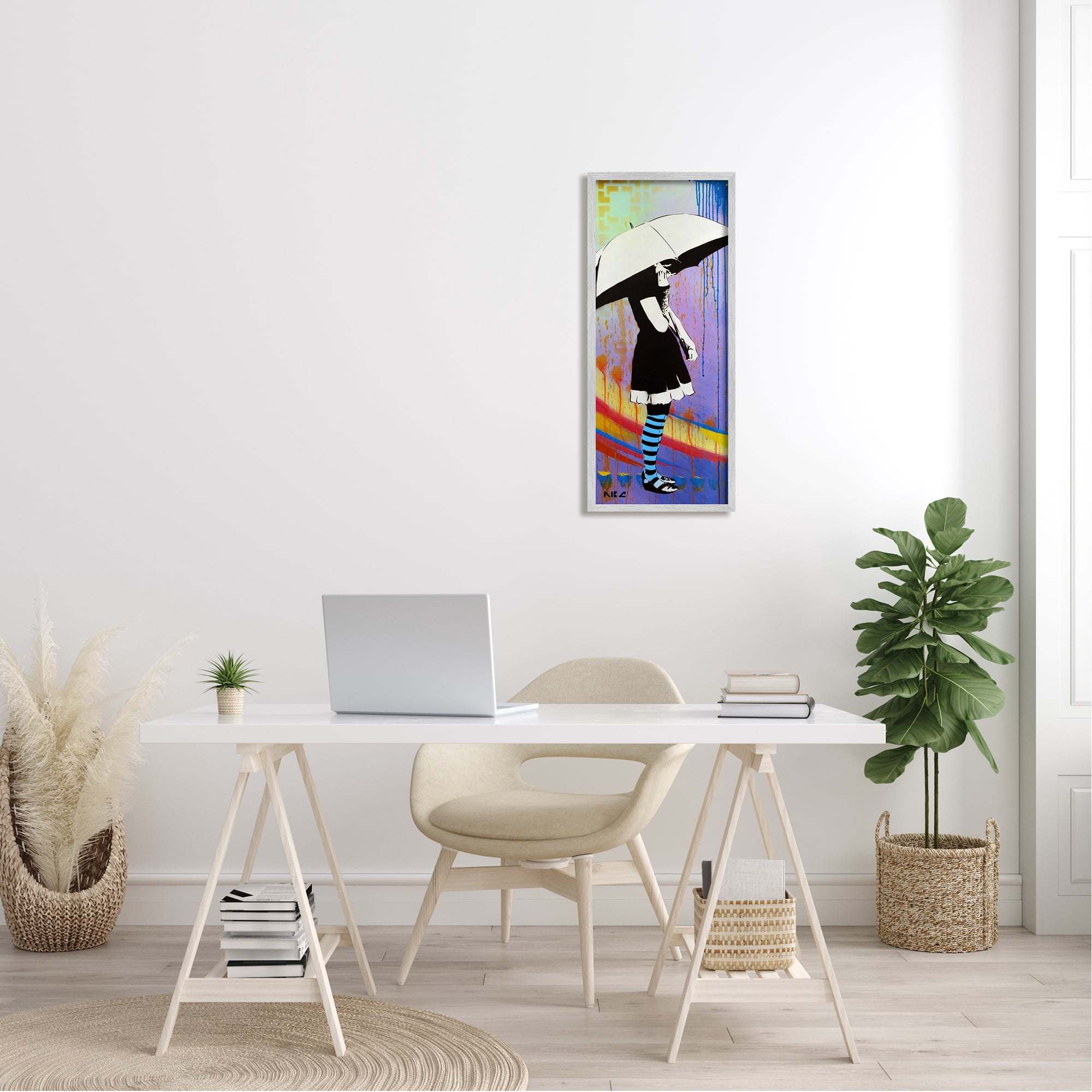 Stupell Industries Urban Paint Drip Bold Patterned Girl & Umbrella Framed Wall Art, 13 x 30, Design by Victoria Barnes