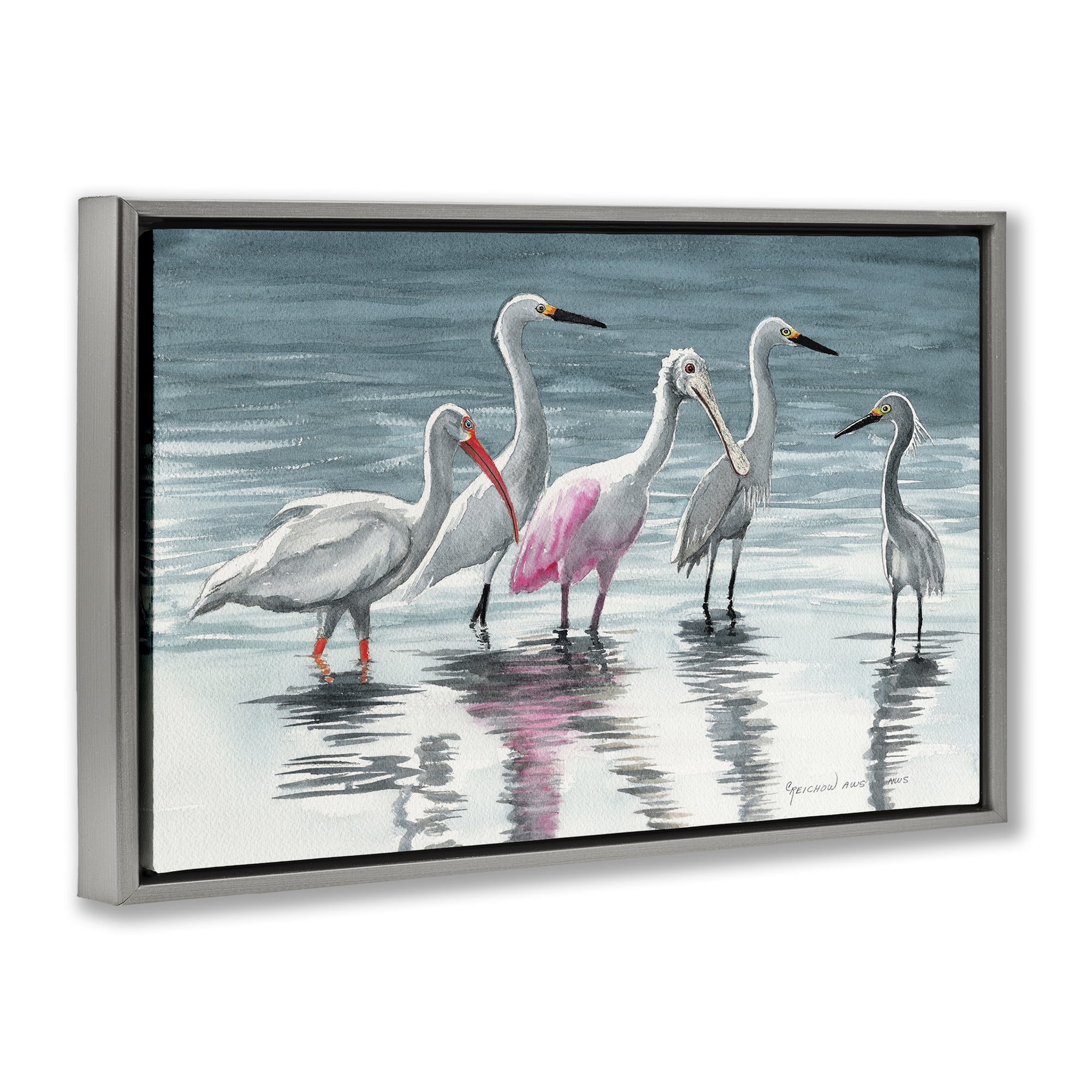 Stupell Industries Herons Stepping in Shore Animals & Insects Painting Gray Floater Framed Canvas Art Print Wall Art, 31 x 21
