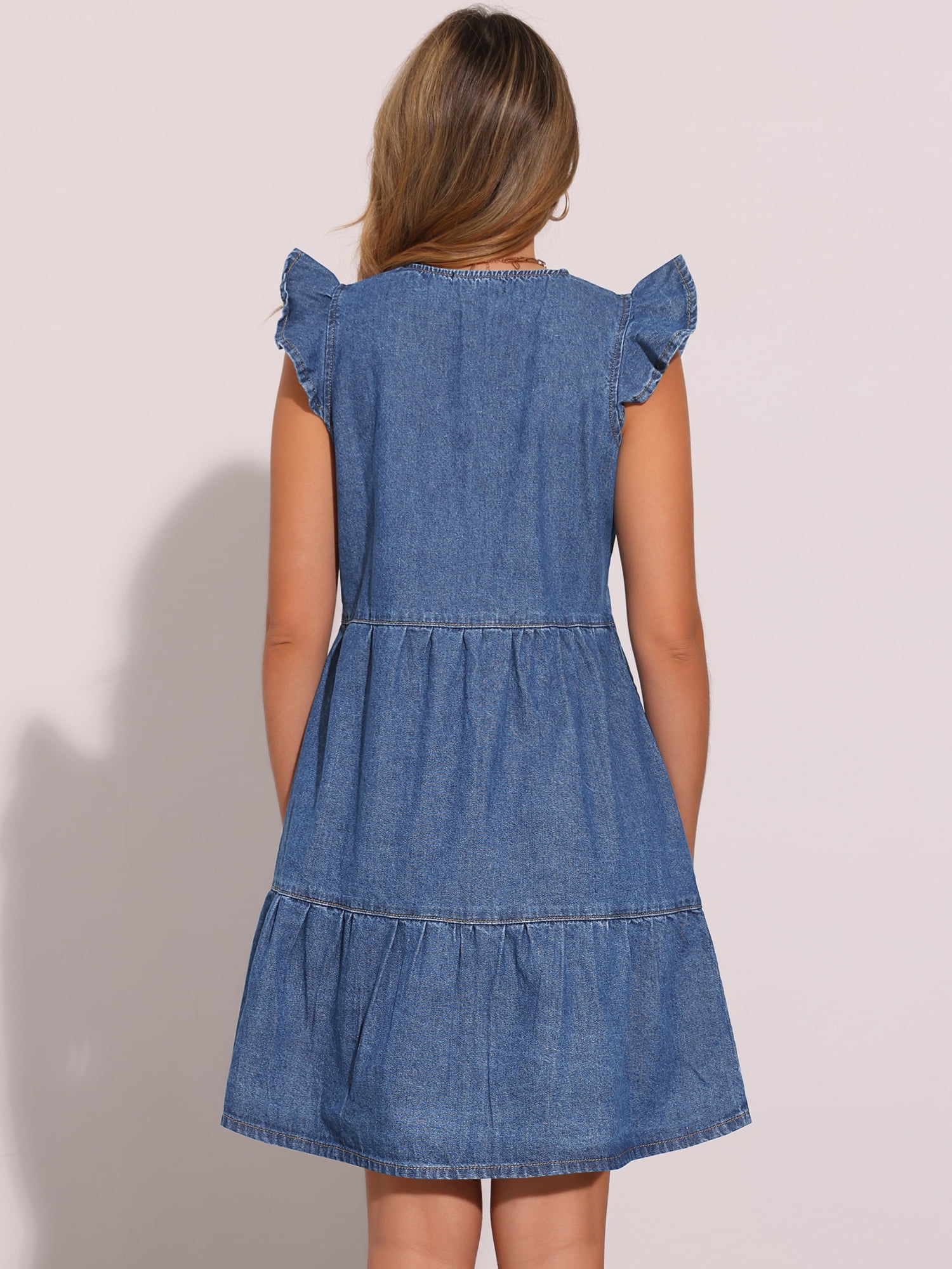 DARING DIVA Denim V Neck Cap Sleeve Button Down A Line Dress S Blue