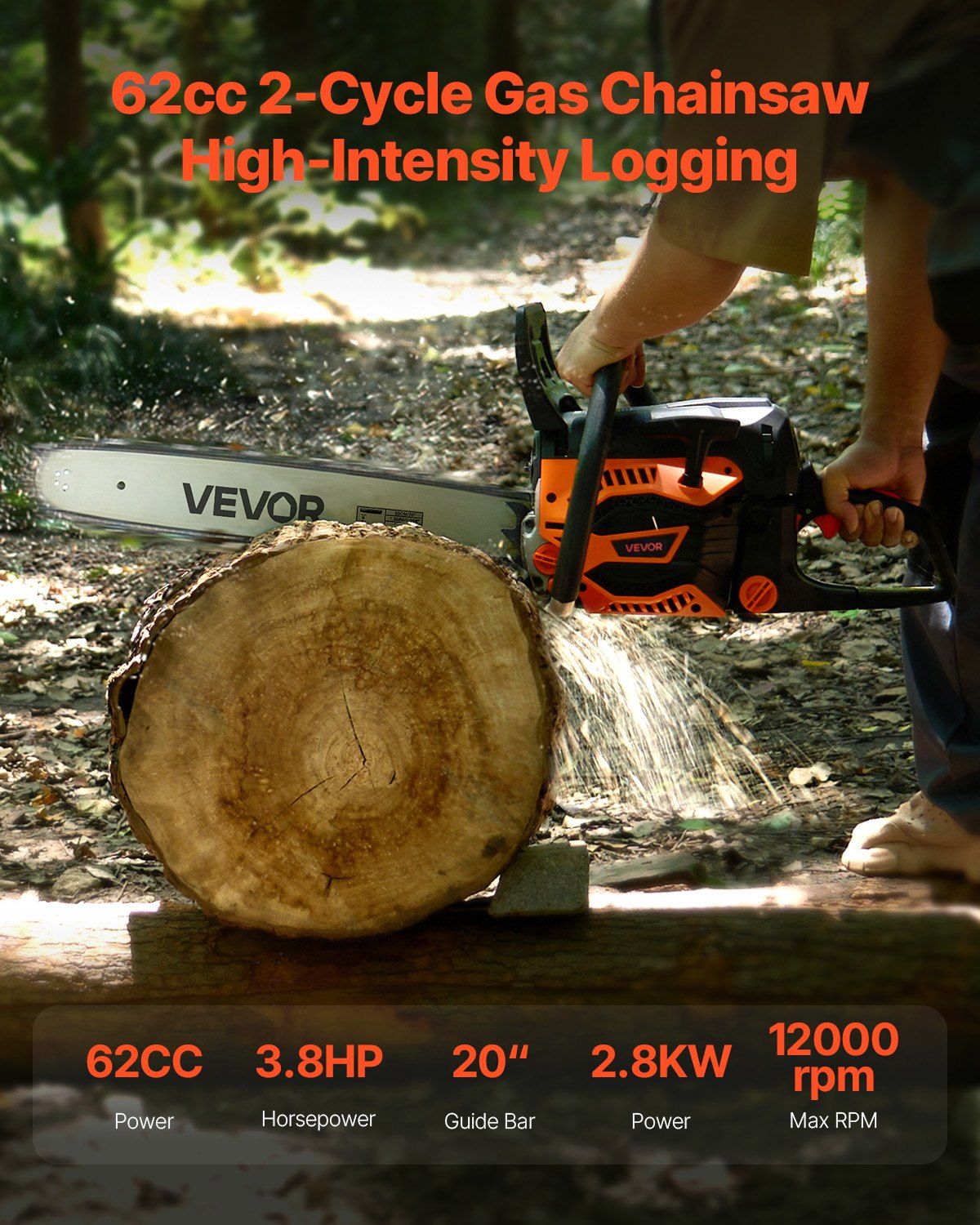 62cc 20 Inch 3.8HP Gasoline Chainsaw with Non Slip Handle Dual Fuel Tank for Wood Cutting Tree Trimming Land Clearing