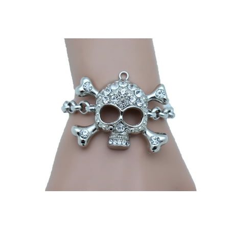 Women Silver Skull Charm Pirate Bracelet Metal Chain Bling Cool Fashion Jewelry