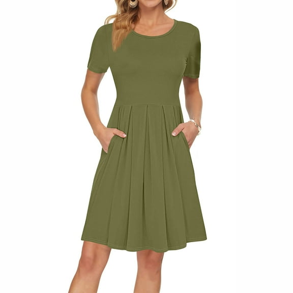 Black Funeral Dresses For Women, Elegant Pleated Casual Tshirt Dress With Pockets Short Sleeve Knee Length Summer 2025 Easter Wedding Guest Daily Boho Sundresses Sweater (L, Army Green) ZMTing