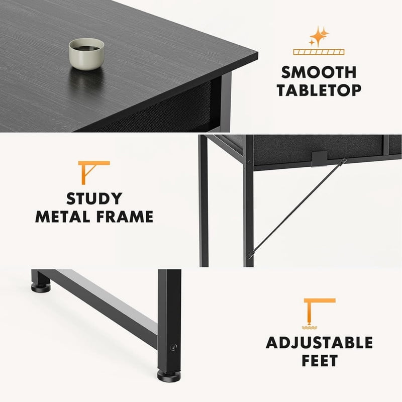 Kelno 32 Inch Computer Desk with 2 Fabric Drawer Storage Bag Iron Headphone Hook Vanity Writing Table, Black
