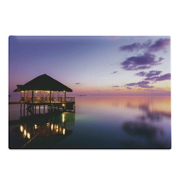 Tropical Cutting Board, Arbor on Sea at Dramatic Night Paradise Maldives Sky Exquisite Coast View Art Print, Decorative Tempered Glass Cutting and Serving Board, Large Size, Purple, by Ambesonne