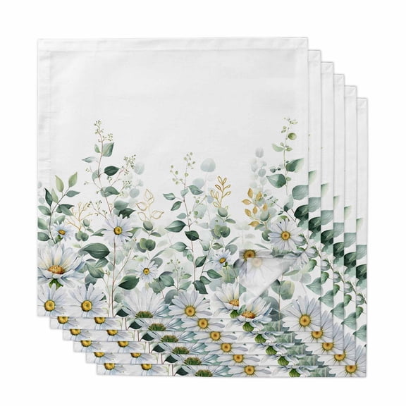 Cloth Napkins Set of 6 - 20x20 Inches, Spring Floral Washable Reusable Table Napkins, White Daisy Watercolor Leaves Pastoral Soft & Absortbent Dining Napkin for Party Wedding Hotel Restaurant
