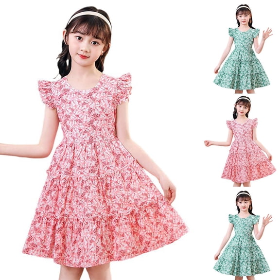 MUXiin Girls' Dresses Size 10-12 Colorful Flutter Ruffled A-Line Casual Dress Elegant Flower Girl Dresses for Girls