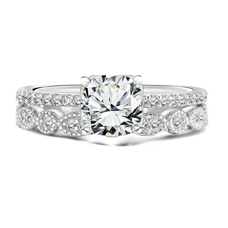 JeenMata 1.5 ct - Cushion Cut Moissanite - Pave Set - Simple Thin Band - Vintage Style Wedding Ring Set in 18K White Gold over Silver