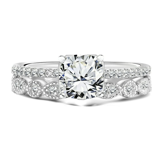 JeenMata 1.5 ct - Cushion Cut Moissanite - Pave Set - Simple Thin Band - Vintage Style Wedding Ring Set in 18K White Gold over Silver