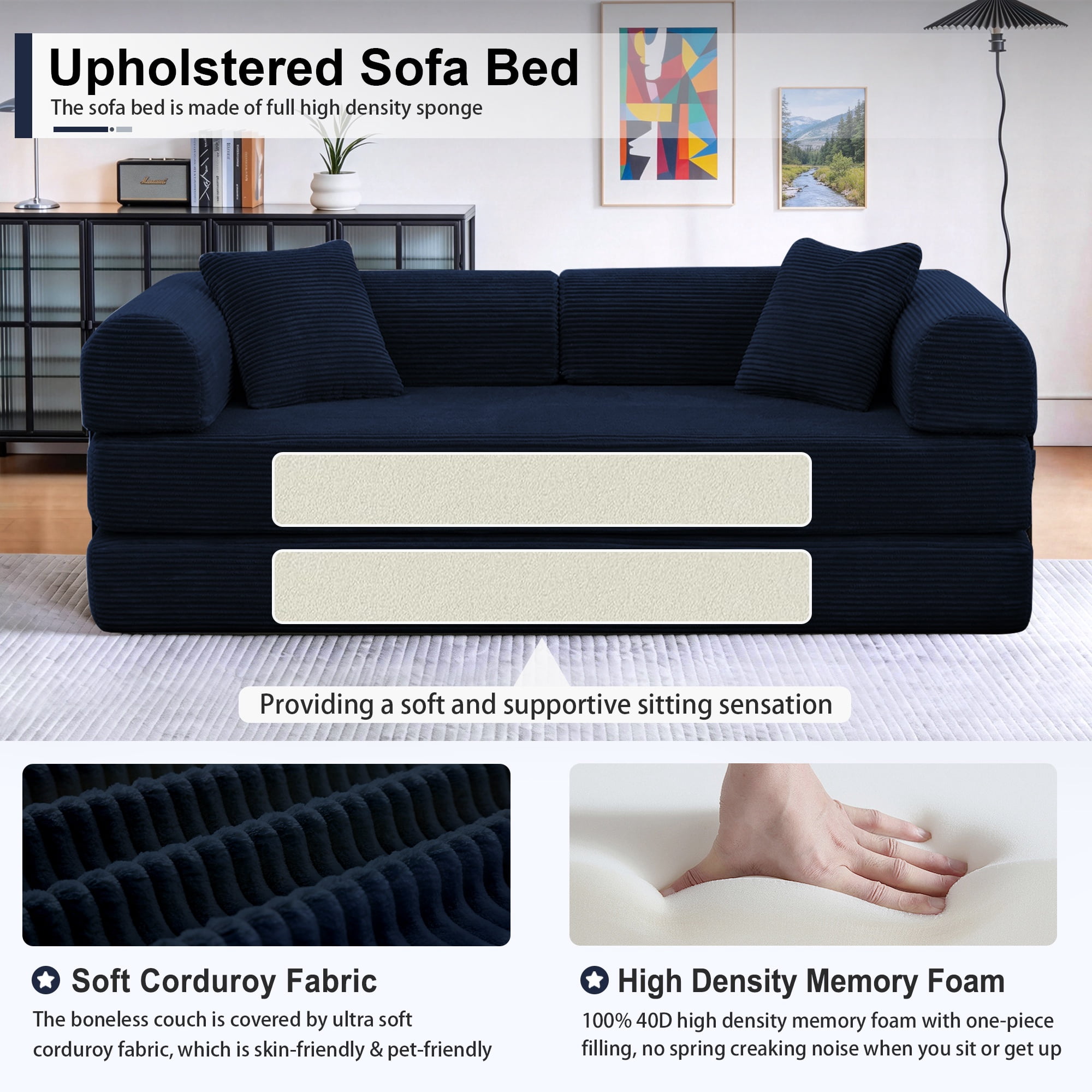 78" Convertible Sleeper Sofa Bed, Holaki Compression Folding Sofa with Pillow & 3 Seat, Corduroy Folding Sofa Couch with Fixed-Shape Frame, Floor Sofas Lounge Couch for Living Room Bedroom, Blue