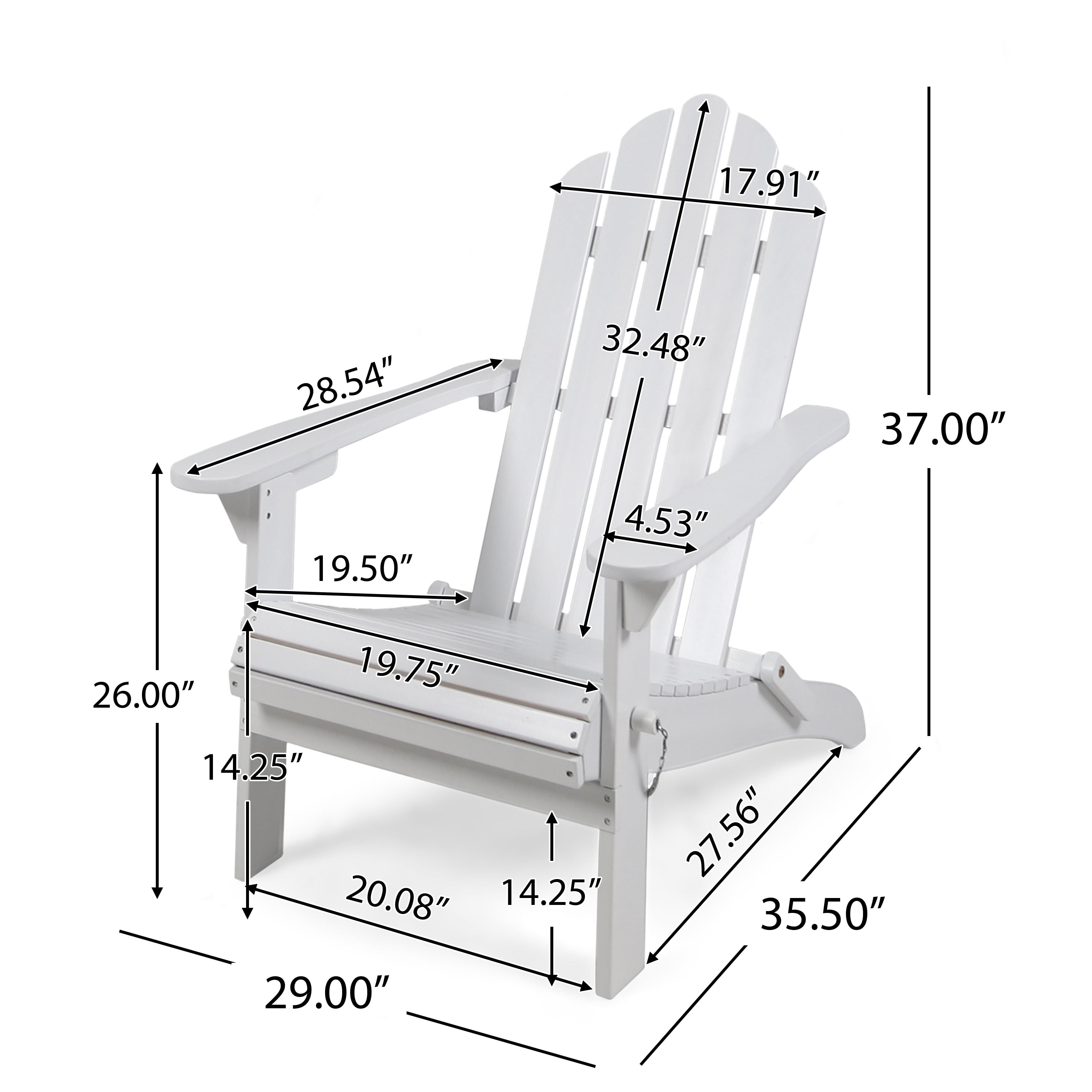 White Wood Foldable Adirondack Chair - 29.00 in Length, 35.50 in Width for Patio, Poolside, or Garden Seating