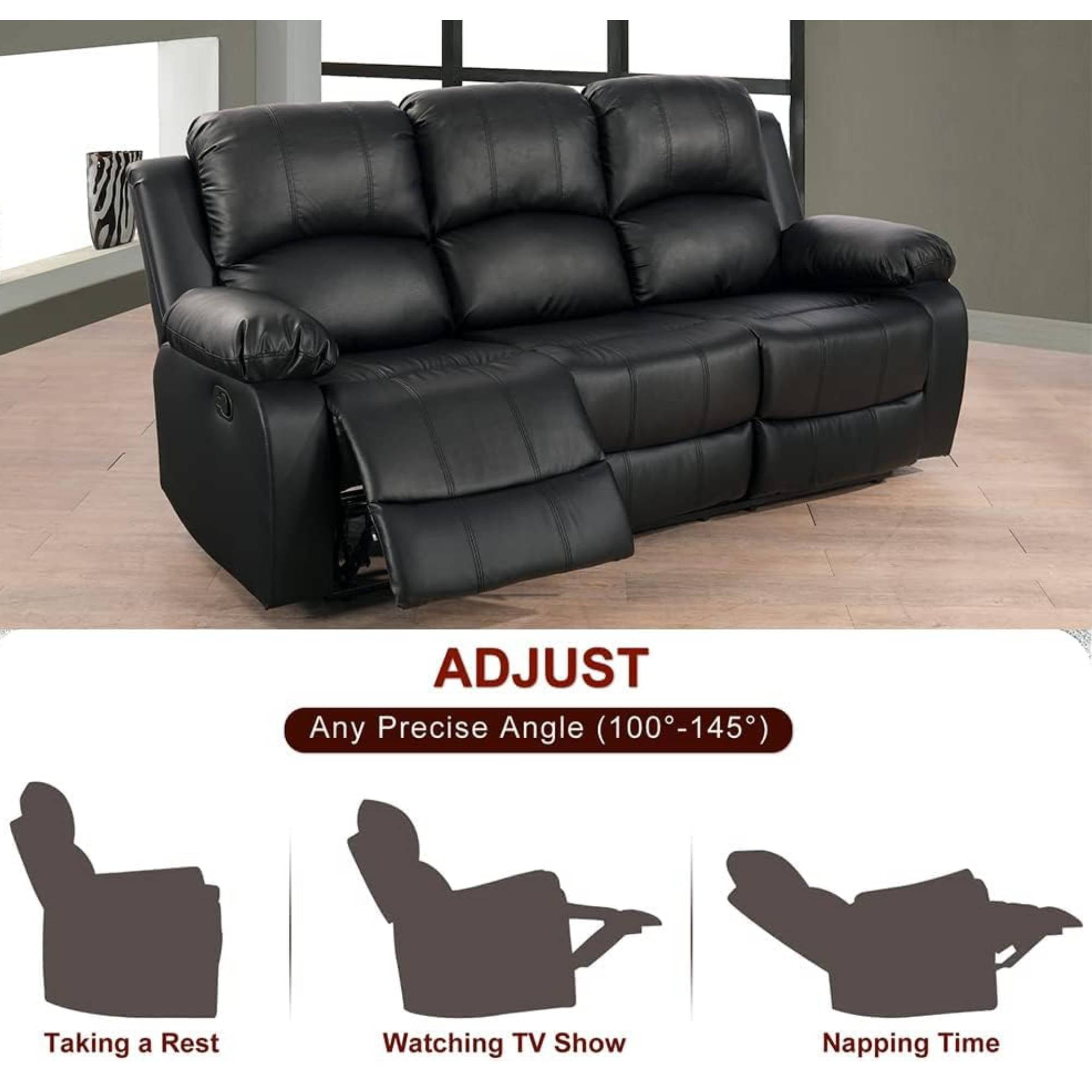 TrumanPick Manual Leather Recliner Chair,3 Seats Overstuffed Rocker Armchair Home Theater Sofa Recliner for Living Room,Black