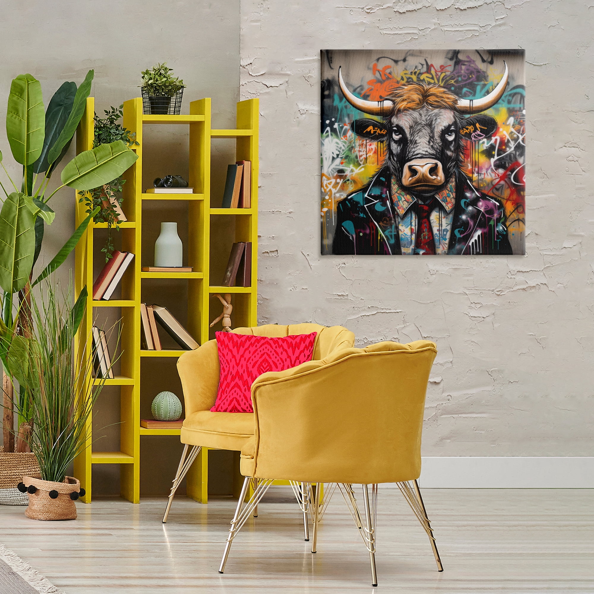Stupell Industries Urban Graffiti Bull Animals & Insects Painting Gallery Wrapped Canvas Art Print Wall Art, 30 x 30
