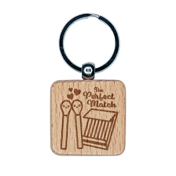 The Perfect Match Matches in Love Valentine's Day Square Keychain Charm Tag - Engraved Wood