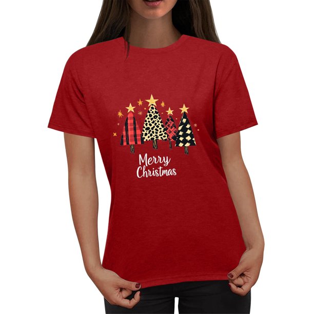 Fiudx Camisetas para Mujer Blusa de Moda Informal con Cuello Redondo y Estampado Navideño para Mujer