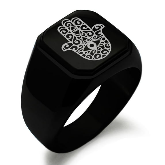Stainless Steel Filigree Hamsa Hand of Fatima Engraved Square Flat Top Biker Style Polished Signet Ring