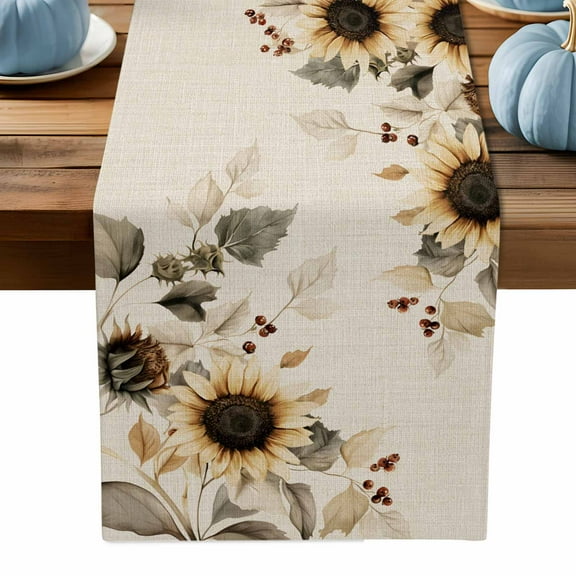 ERUNPONLY Farmhouse Sunflowers Table Runner - 48 Inch Long Vintage Watercolor Flowers Floral Cotton and Linen Blended Dress Scarves Farmhouse Table Runner for Kitchen Dining, Coffee Table, 13" x 48"