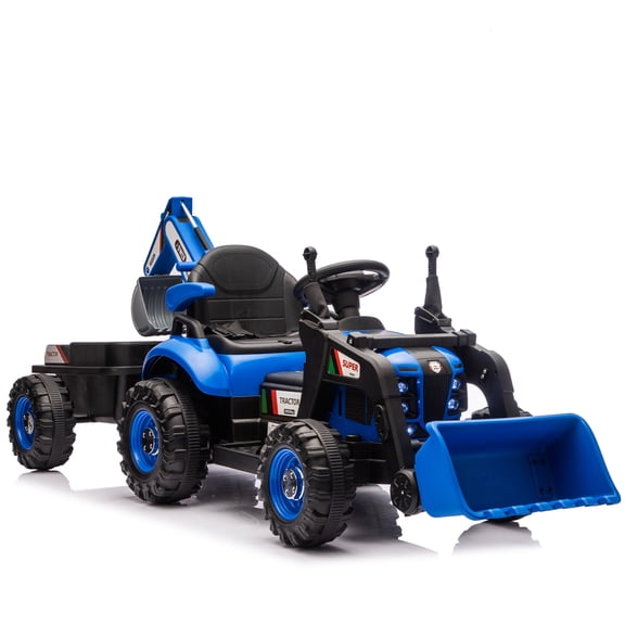 24V Kids Ride-On Electric Tractor Toy with 4-in-1 Construction Attachments (Excavator, Dump Truck & Bulldozer) Parent Remote Control 3-Speed Blue