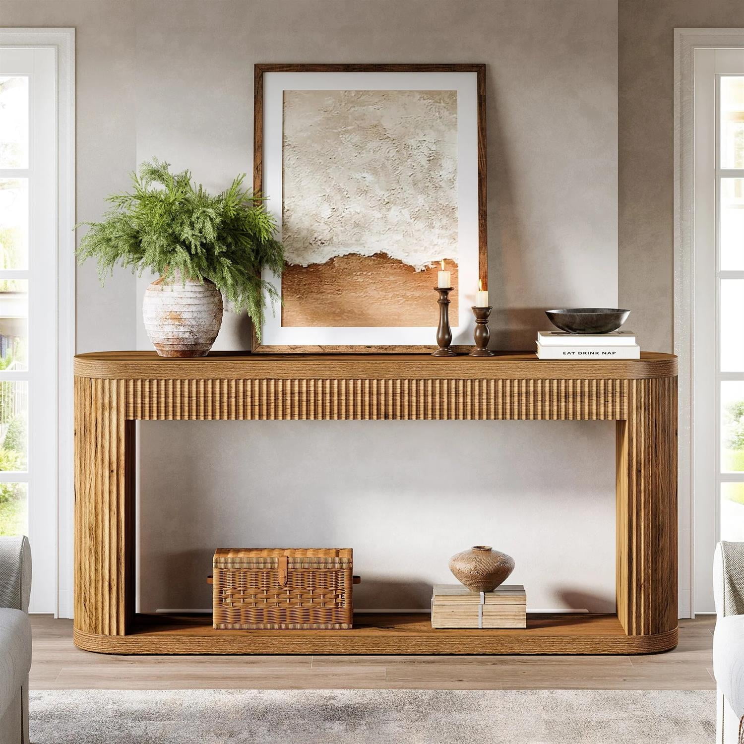 Demi Bonn 63" Farmhouse Rectangle Wood Fluted Console Table, Modern Living Room Sofa Table with Storage, Contemporary Entryway Hall Table, Foyer Display Table, Brown