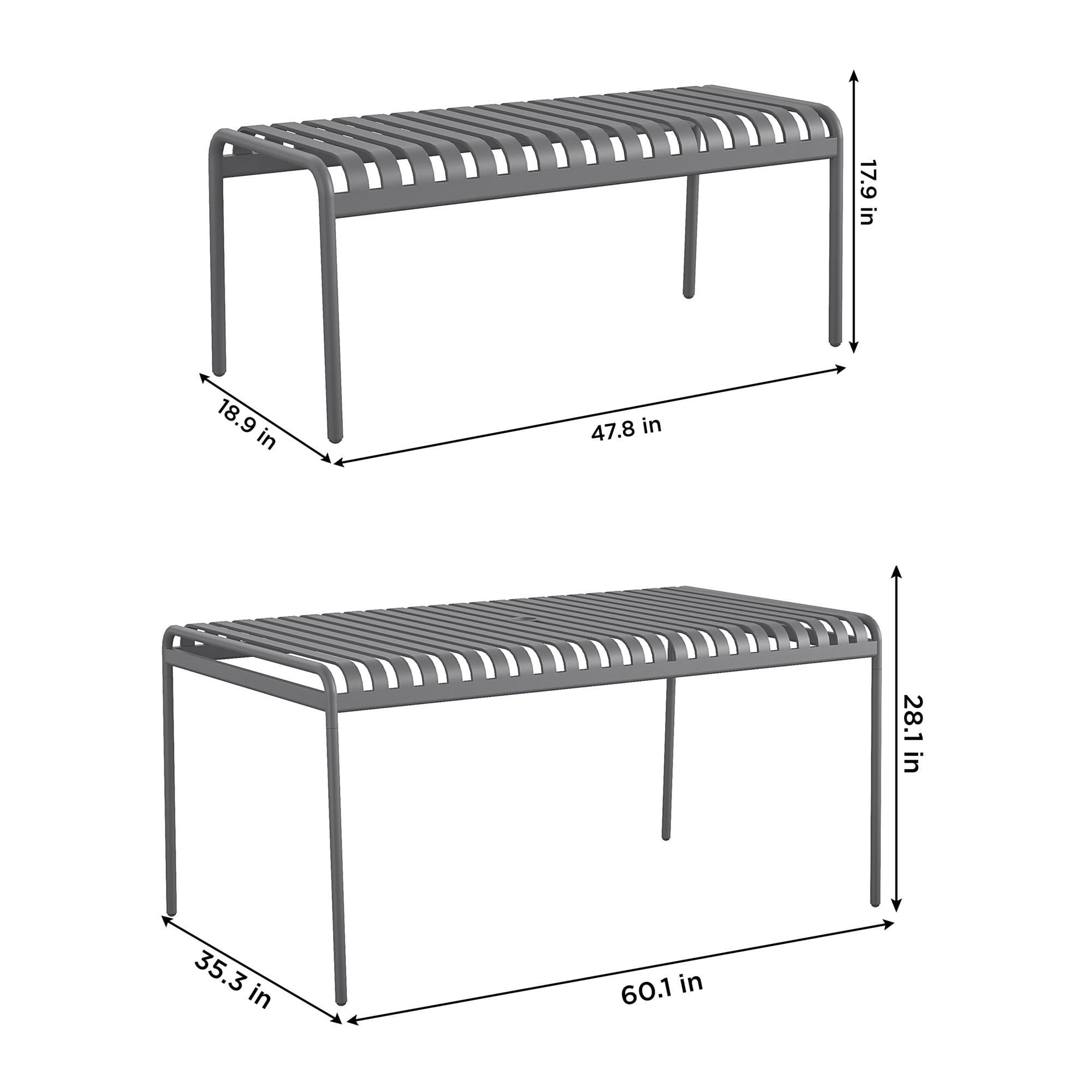 Novogratz Poolside Gossip, Ola All-Steel Table and Bench Set, Charcoal