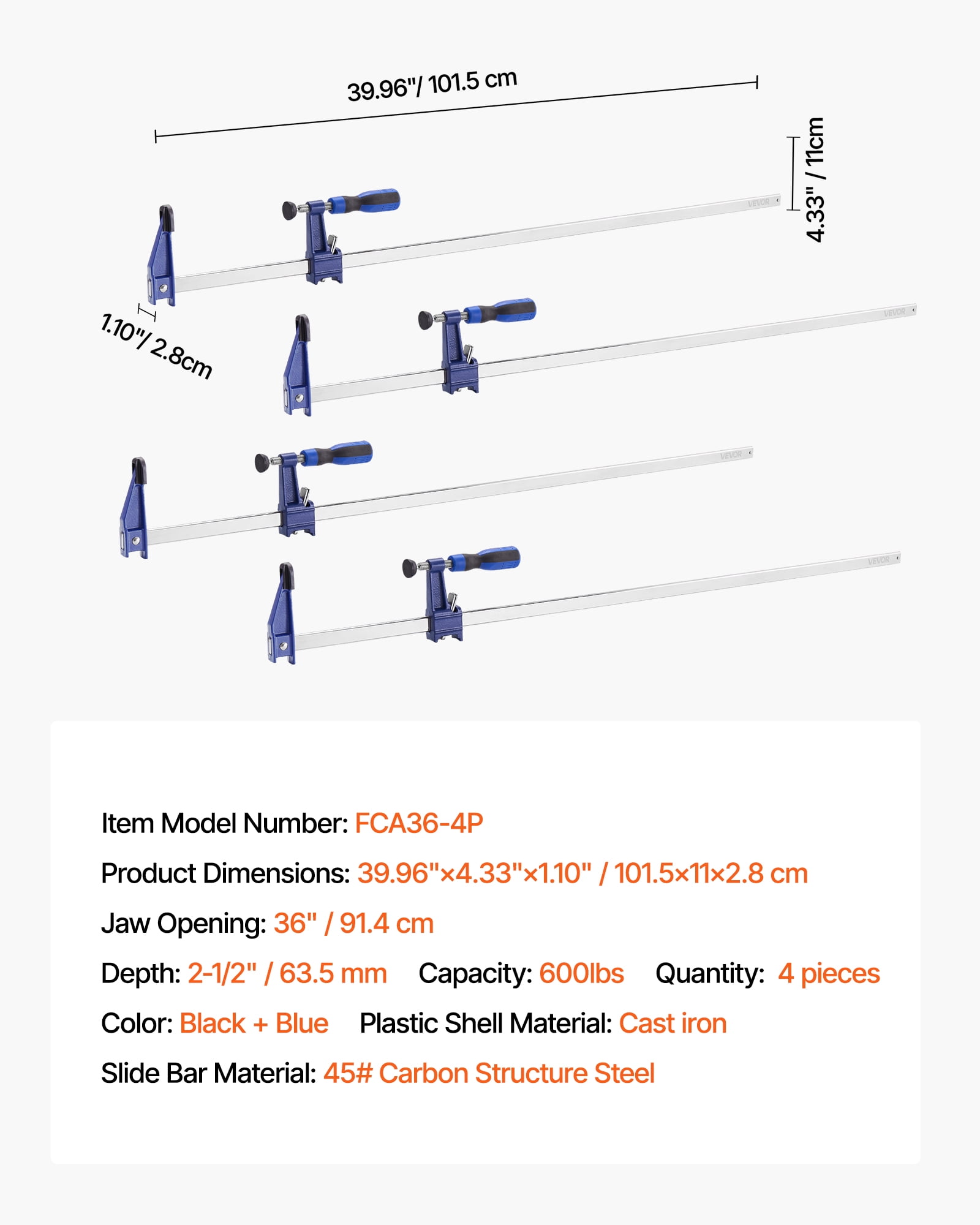 VEVOR Bar Clamps for Woodworking, 4-Pack 36 inch Opening,Lockable F-Clamp with 600 lbs Load Limit,2-1/2 inch Depth, Cast Iron and Carbon Steel,Easy to Use,Wood Clamps for Woodworking Metal Working