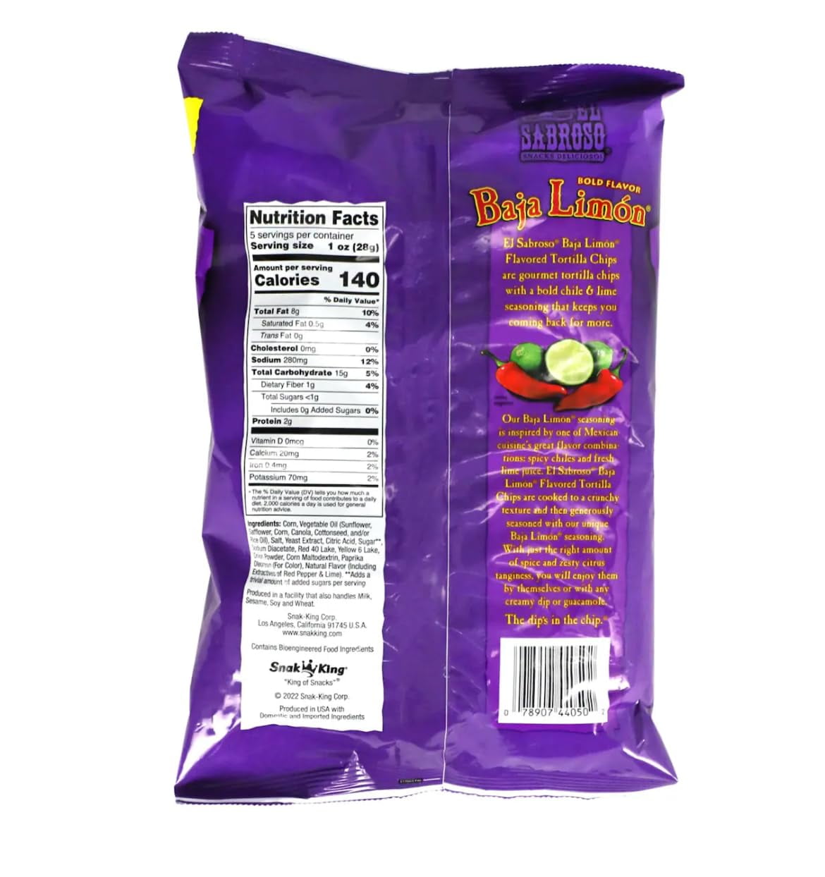 El Sabroso Baja Limón Spicy Chile & Lime Flavored Tortilla Chips, 3 oz Bags pack of 6