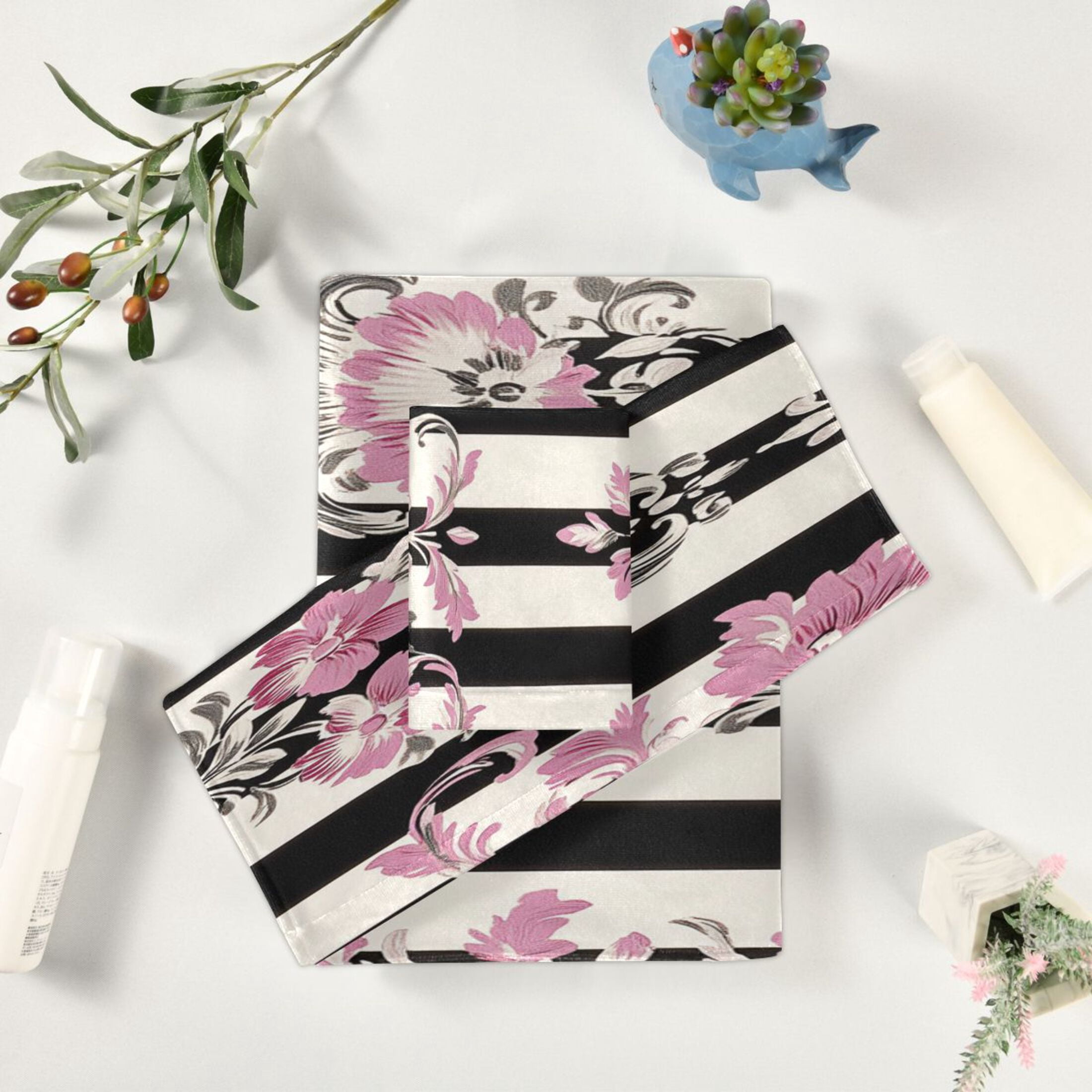 BZSMCE 3piece Bath Towel Sets Hand Bath Towels Fashion Floral Pink Black Damask Printed Towel Sets