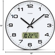 TIMESS 12 Silent Wall Clock with Date Display, Battery Operated Non-Ticking Analog Clock for Living Room, Kitchen, Black