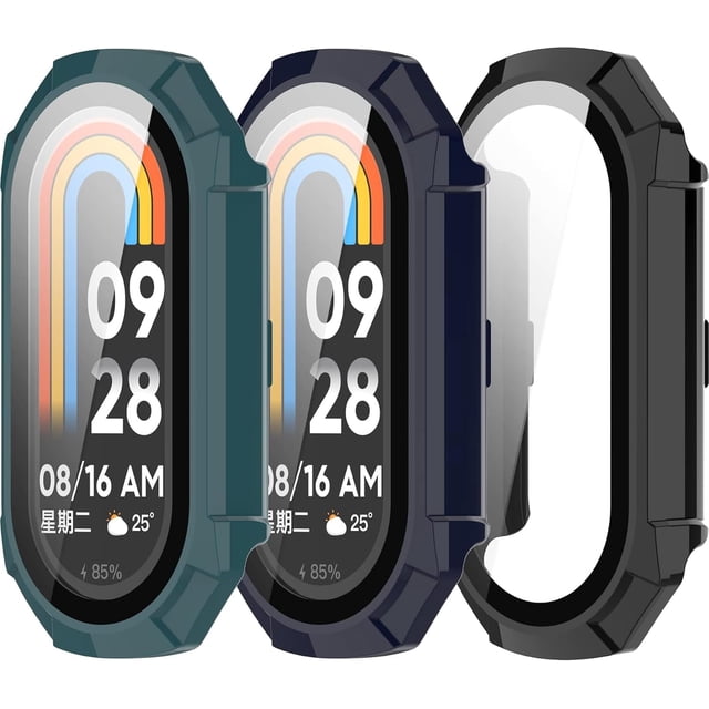 KOMI 3 Pack Compatible with Xiaomi Mi Band 8 Screen Protector with Tempered Glass Hard PC Case Cover Anti-Scratch All-Around Protective Cases for Xiaomi Smart Band 8 Fitness Tracker