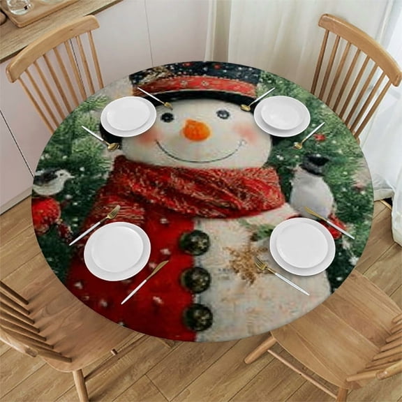 Autua Snowman Christmas Folk Art Round Tablecloth Stain-Resistant 100% Polyester 31"-35