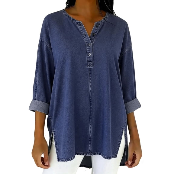 Womens Button Down Shirt Trendy Casual Loose Denim Cotton Turtleneck Long Sleeve Pullover Shirt Summer Tops