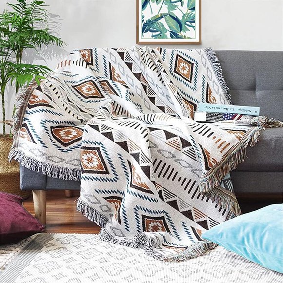 Manta Lqprom Boho Tejida con Borlas Estilo Azteca 130x160 cm