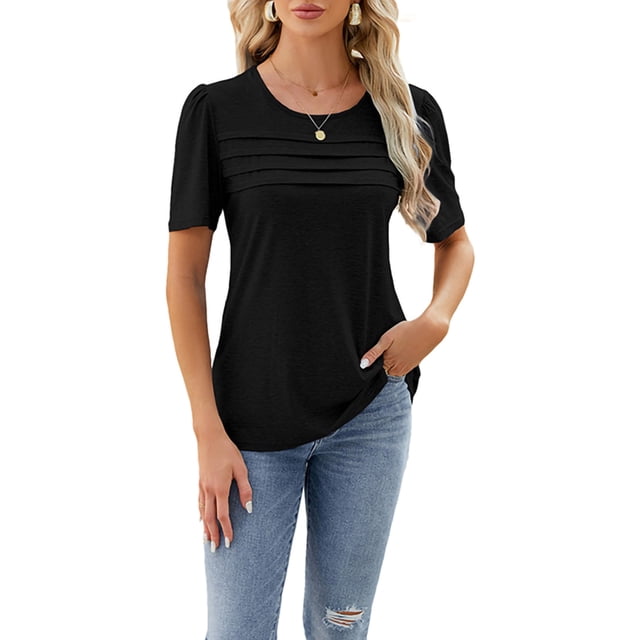 Bellella T-Shirts d'Été pour Femmes, T-shirt Uni à Col Rond, T-shirt Décontracté à Manches Courtes, Chandail à Enfiler, T-shirt pour Dames, Noir, TG