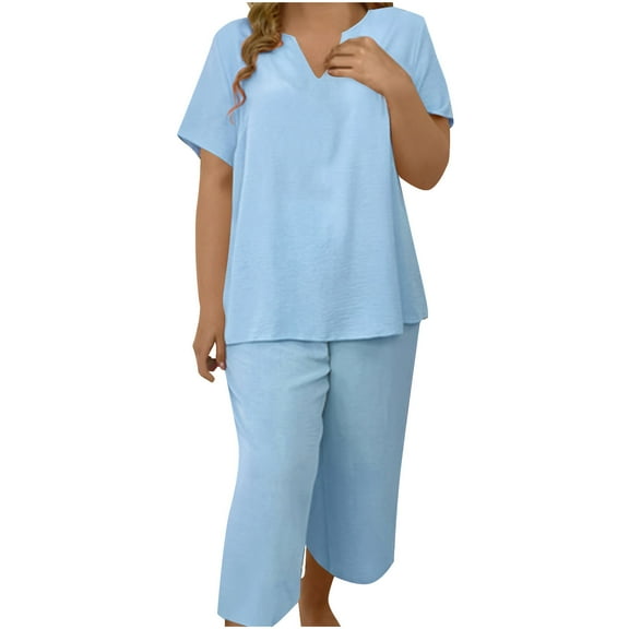 zbxnLI XL-5XL Womens 2 Pieces Outfit Sets Plus Size Short Sleeve Tops Wide Leg Capri Pants Lounge Sets
