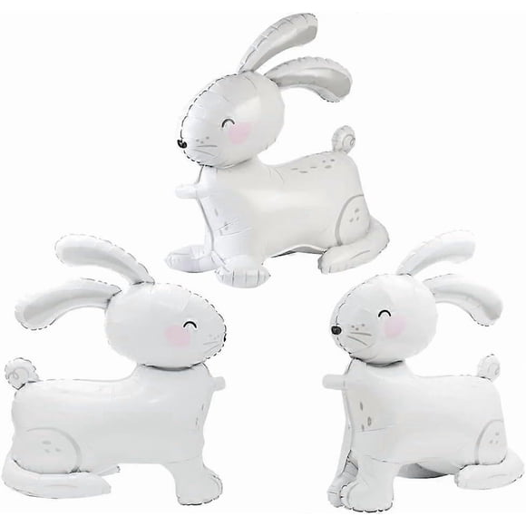 4D Realistic Bunny Airwalker Walking Animal Balloons, 3 Pack Big 25 Inch Self Stand Rabbit Foil Mylar Balloons, Forest Woodland Bunny Helium Balloon F