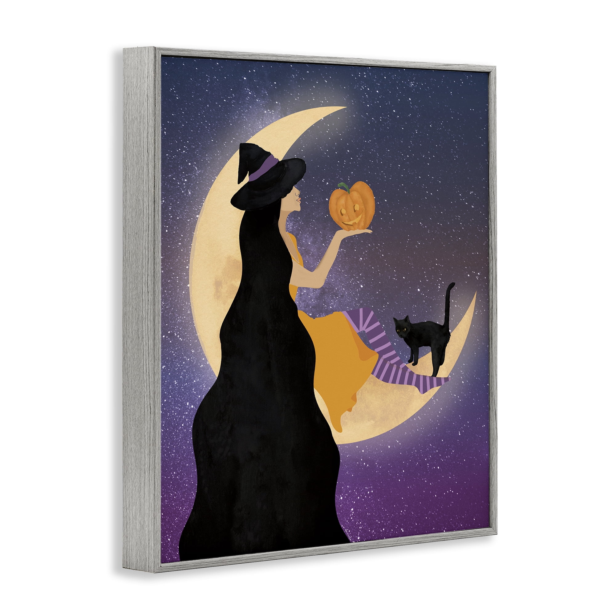 Stupell Industries Moonlit Witch Holding Jack-o-Lantern Gray Framed Giclee Art, design by Daniela Santiago
