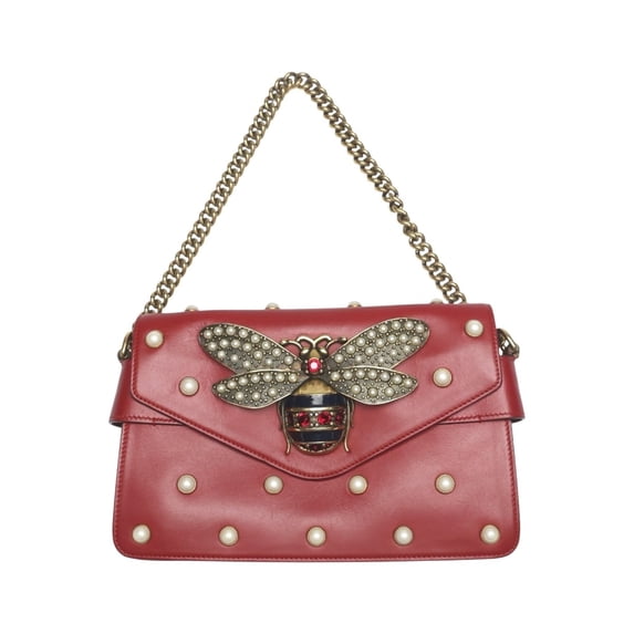 Pre-Owned Gucci Broadway Pearl Bee Leather Handbag/Shoulder Bag, 2-Way Red, 453778 (Good)
