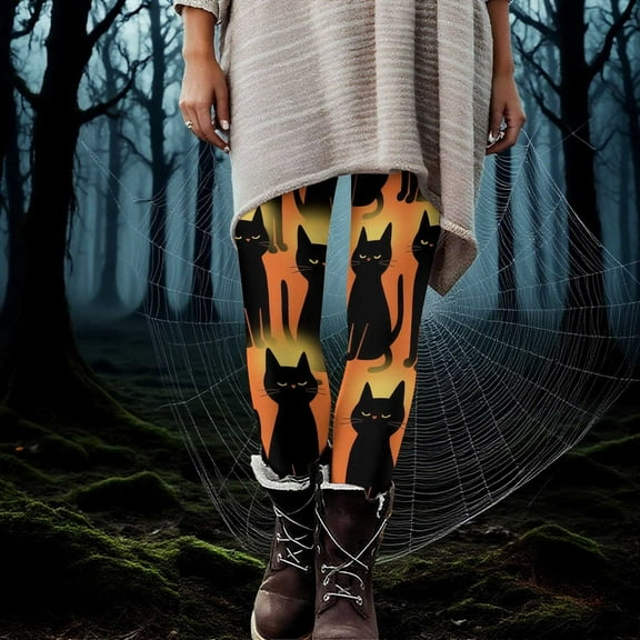 Fartey Plus Size Halloween Leggings for Women Casual High Waisted Yoga Pants Cute Ghost Print Workout Legging Tummy Control Running Tights Orange 3XL