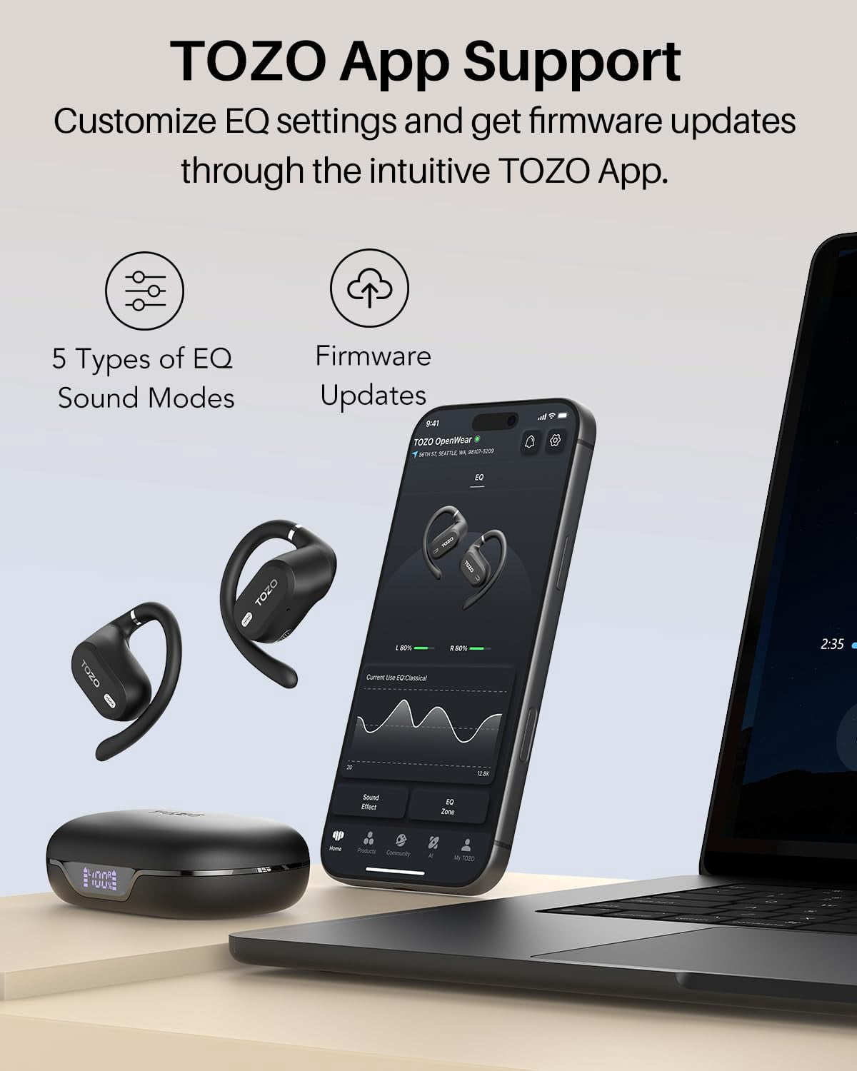 TOZO AI Translation Open Ear Earbuds, Open Ear Bone Conduction Headphones, 145+ Languages, 60H, Stereo Bass, Touch Control, APP-5EQ, Waterproof Lightweight Sports Headphones for Workout Gym, Office