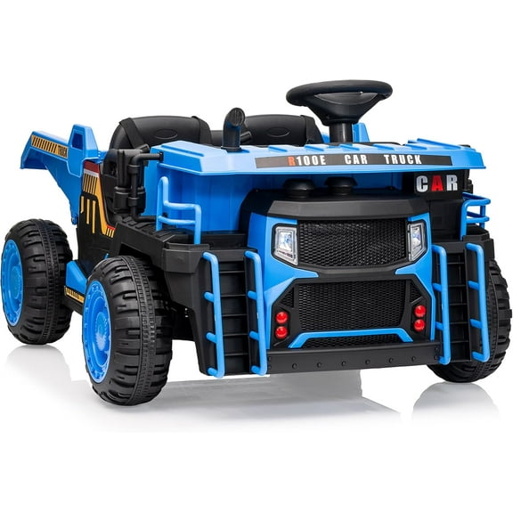 Lumiparty 24V 2-Seater Ride-On Dump Truck for Kids, Remote Control Construction Toy with Electric Dump Bed, Extra Shovel, 2WD/4WD, Music Player & Speeds Up to 4.35 MPH, Blue